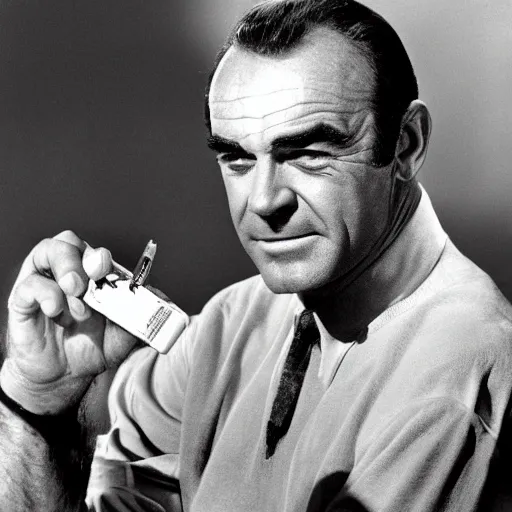 Image similar to Sean Connery using a lighter, 1960s, stylish, bad boy