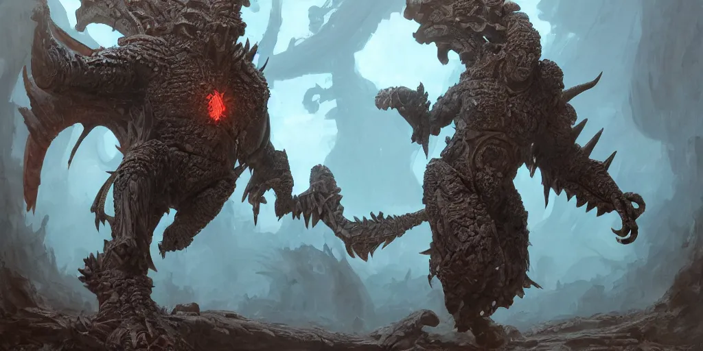 Image similar to Aztec statue colossus creature, character design sheet, Monster Hunter Illustrations art book, giant, trees growing on its body, enormous hands, long limbs, horns on its head, bright pale blue eyes, Moebius, Greg Rutkowski, Zabrocki, Karlkka, Jayison Devadas, Phuoc Quan, trending on Artstation, 8K, ultra wide angle, zenith view, pincushion lens effect.