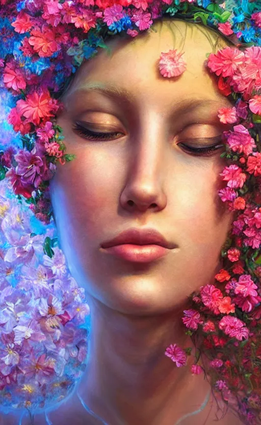 Image similar to a beautiful oil painting hyperrealism of a beautiful woman, close up face, flowers, floral headdress, 8 k resolution, octane render, trending on artstation, by gediminas pranckevicius, volumetric light 2 blue fractal thunder glow by dan mumford, anaglyph effect, laurie lipton