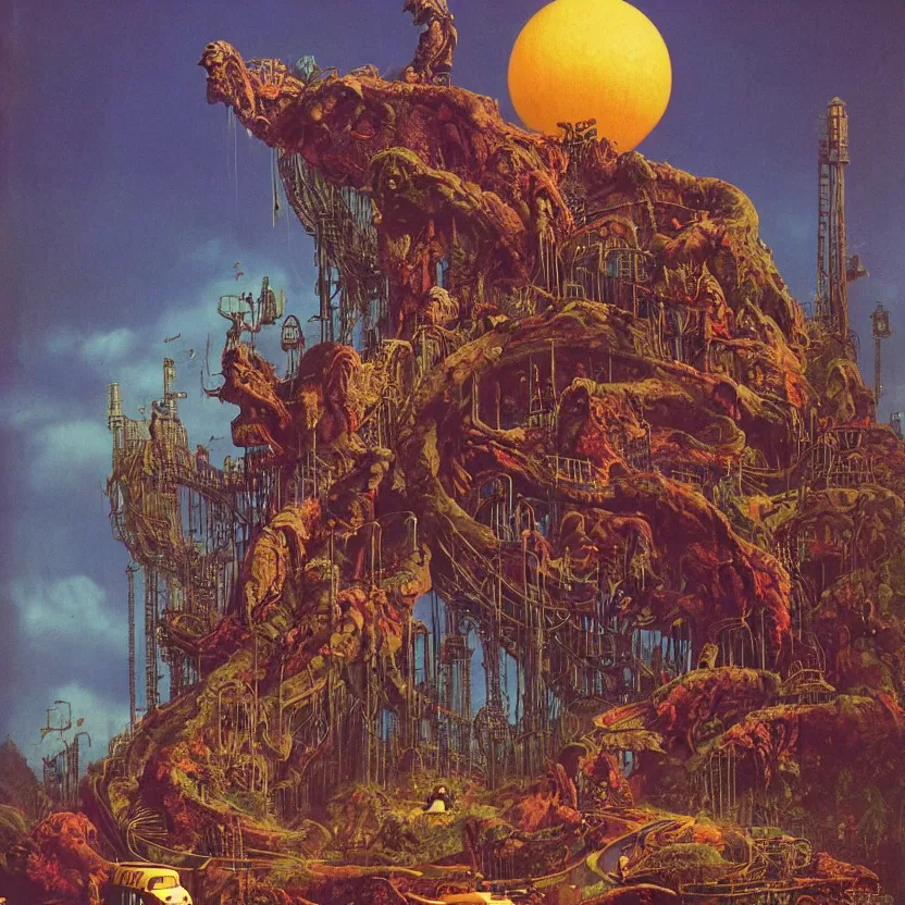 Prompt: a theme park with rollercoasters, rides and attractions, by richard corben, bruce pennington, and zdzisław beksinski. goosebumps cover art. pulp horror art.