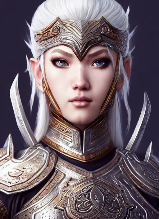 Image similar to warrior, intricate ornate opal heavy armor!!! beautiful and athletic white hair female!! gorgeous face and eyes!! character concept art, sharp focus, octane render! unreal engine 5! highly rendered!! trending on artstation!! detailed linework!! illustration by artgerm, wlop, and chie yoshii