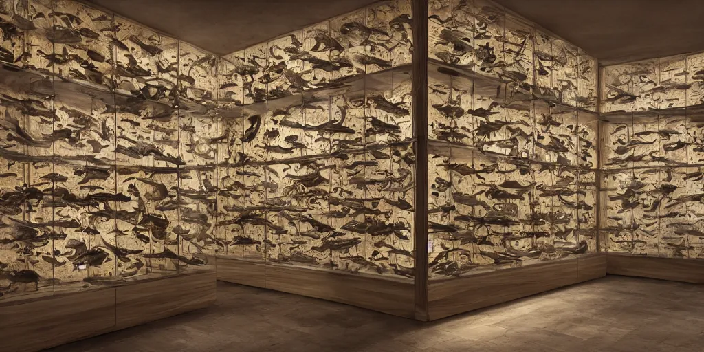 Prompt: Wall full of wooden glass cabinets with fish fossils, by Dali, dramatic lighting, photorealistic, wolumetric lighting, high detail, cinematic feel, wideshot, high octane, 4K, Unreal Engine, digital render, intricate, ultra realistic