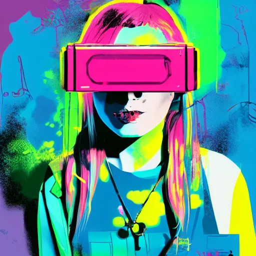 Prompt: illustration of cyberpunk girl with bubble gum in vr helmet, colorful splatters, by andy warhol and by zac retz and by kezie demessance