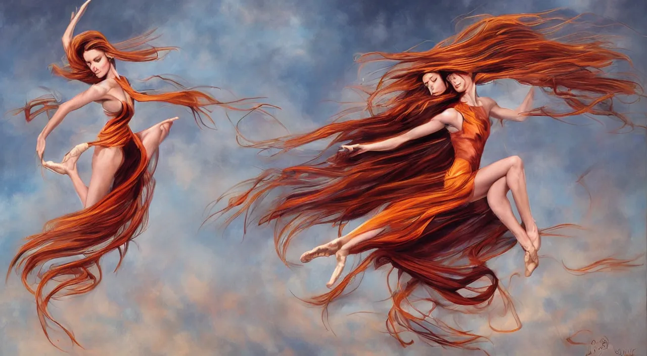 Image similar to a dancer with swirling hair is in the wind by julie bell, trending on artstation