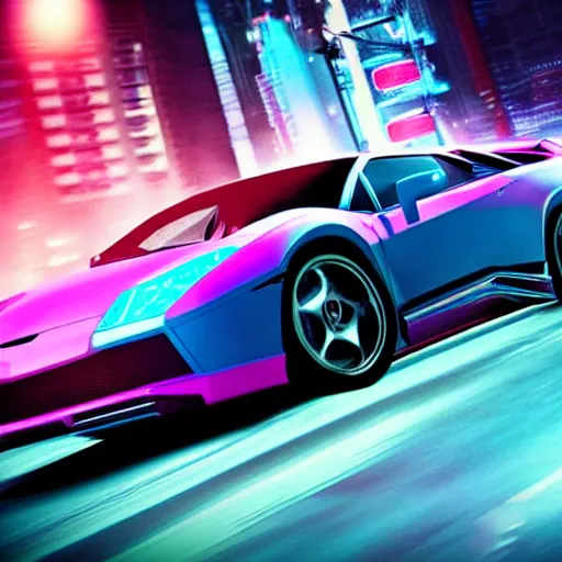 Prompt: a lamborgini car driving on a neon road, cyberpunk, retrowave synth