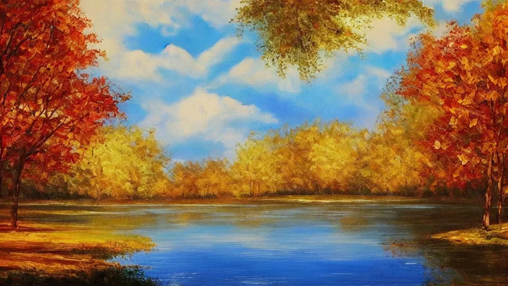 Prompt: beautiful panoramic landscape, oil painting, trees surrounding the reflective waters of a lake, gentle cloud cover and the sunbeams are falling through the gaps, the trees around have leaves the color of autumn,, by bob ross