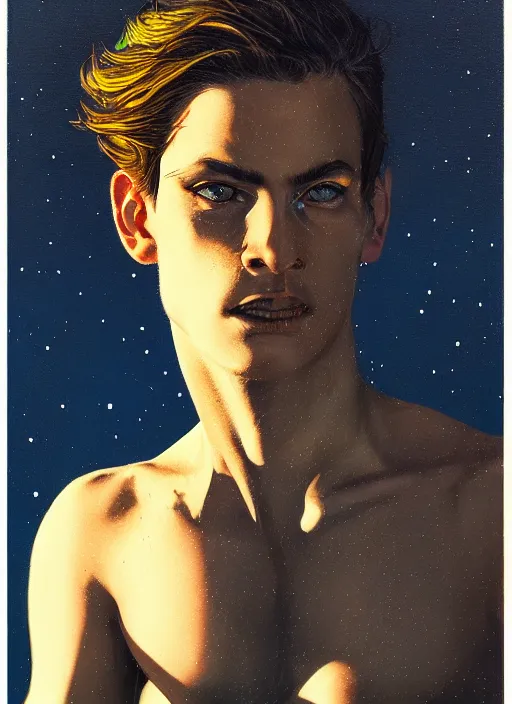 Image similar to portrait of young male sailor, night sky background, coherent! by brom, deep color, strong line, high contrast