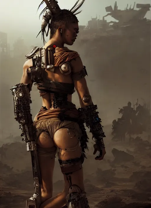 Prompt: hyper realistic photography portrait of postapocalyptic madmax cyberpunk asian japanese cyborg tribal festival warrior girl amazon face cinematic, vallejo, back shot, craig mullins greg rutkowski, artstation, cgsociety