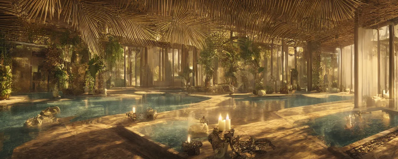 Image similar to surreal hyper luxury spa with intricate golden details with view to arid mountains and palm forest, god rays, candles, ultra detailed, photorealism, sharp focus, volumetric light, global illumination