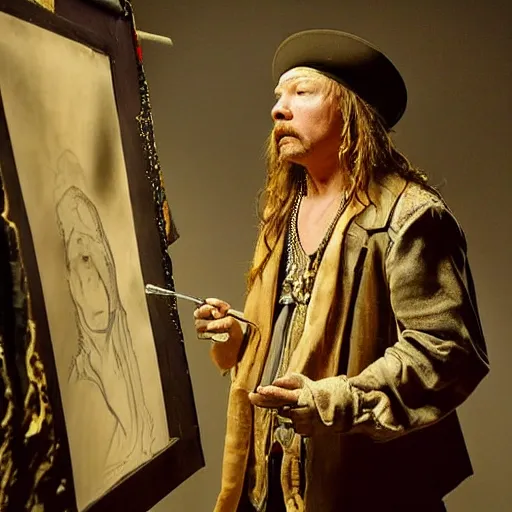 Prompt: axl rose as rembrandt's artist model in the studio. rembrandt is painting his portrait