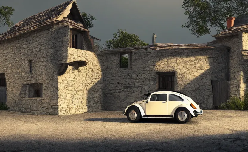 Image similar to a vw beetle parked near a small medieval stone house at sunrise, concept art, octane render, unreal engine 5, trending on artstation, high quality, 8 k, soft lighting, path traced, hyperrealistic, highly detailed, digital art, symmetrical, cinematic, high coherence, godrays