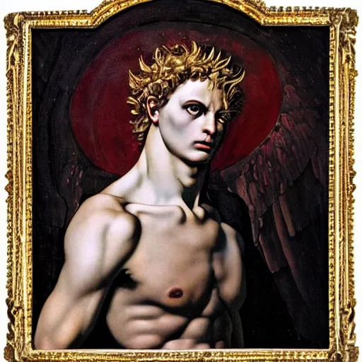 Image similar to Oil canvas of Lucifer, ruler of Inferno, capital sin of Pride, Superbia, natural blonde gold like hair, intricate sophisticated well rounded face, good bone structure, bright glowing eyes as LEDs and neon, Lean Body, porcelain looking skin, attractive and good looking, tall, invincible, poses triumphantly stance over the remains of Heaven, by Michelangelo, Caravaggio, Alphonse Mucha, Michael Whelan, William Adolphe Bouguereau, John Williams Waterhouse, and Donato Giancola, Dark Fantasy mixed with Socialist Realism, exquisite art, art-gem, dramatic representation, hyper-realistic, atmospheric scene, cinematic, trending on ArtStation, photoshopped, deep depth of field, intricate detail, finely detailed, small details, extra detail, attention to detail, detailed picture, symmetrical, 2D art, digital art, golden hour, oil painting, 8k, 4k, high resolution, unreal engine 5, octane render, arnold render, 3-point perspective, polished, complex, stunning, breathtaking, awe-inspiring, award-winning, ground breaking, concept art, nouveau painting masterpiece