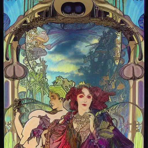 Image similar to a beautiful matte painting of lost in wonderland, a grand scale dystopic event by giger and lisa frank and alphonse mucha