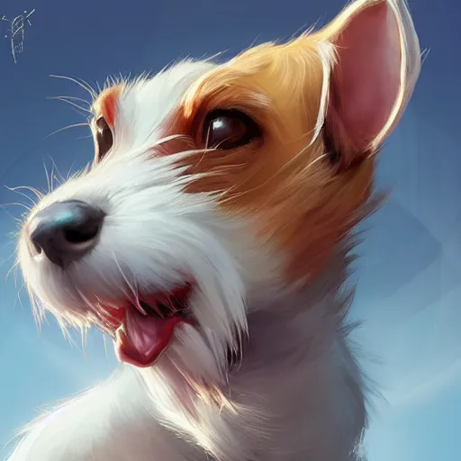 Image similar to adorable jack russel terrier laughing, fantasy art, artstation character design contest winner, trending on cgsociety, concept art, speedpaint, beautiful digital art, jesper ejsing, james jean, justin gerard, fenghua zhong, makoto shinkai, highly detailed