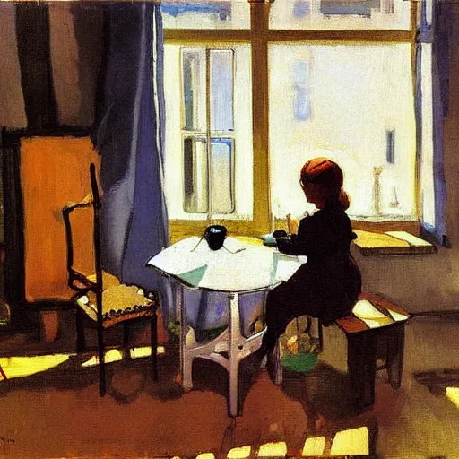 Image similar to a girl with iphones on a table sits at a table in a sunny room, the window is open, by valentin serov