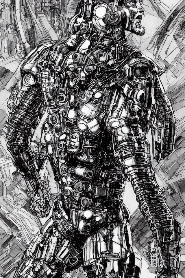 Prompt: comic book illustration, portrait of Machine Man, concept art by Barry Windsor-Smith, sci-fi, sharp focus, Trending on Artstation HQ, deviantart