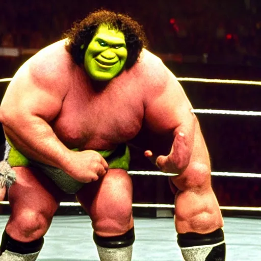 Image similar to shrek vs andre the giant at wrestlemania 8