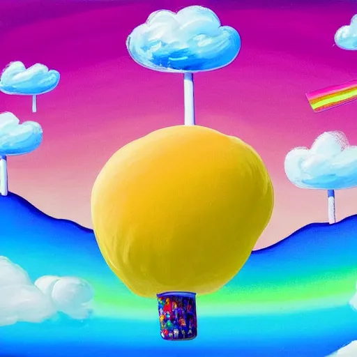 Prompt: a beautiful painting of a giant field made of cotton candy, a marshmallow shaped as a housed with a whipped cream as roof and candies as windows and lollipop as chimney, very colorful rainbow , saturated color , kid dream , 4K , warm , delicious ,sweet , maded by peter max