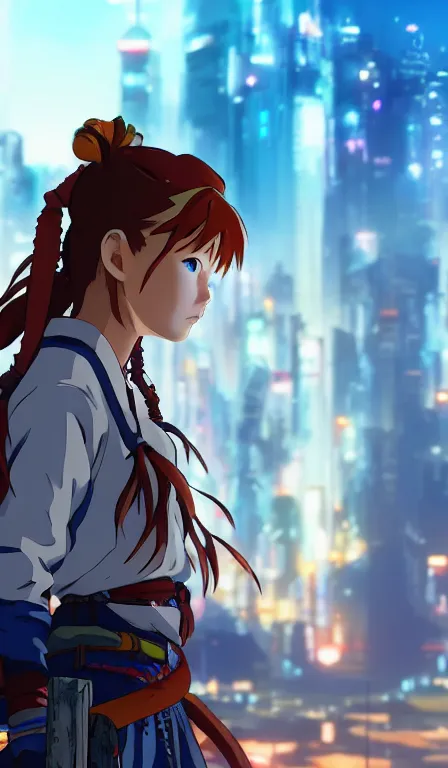 Image similar to anime fine details portrait of Aloy in front of cyberpunk moder city landscape on the background deep bokeh, close-up view, anime masterpiece by Studio Ghibli. 8k, sharp high quality anime, artstation