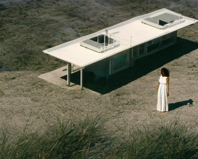 Image similar to a still of a young woman standing on a huge concrete white deck, high above the ground, of a minimalist beach house, outside view, low angle, clear sky and background, in the music video Wrapped Around your Finger (1983)