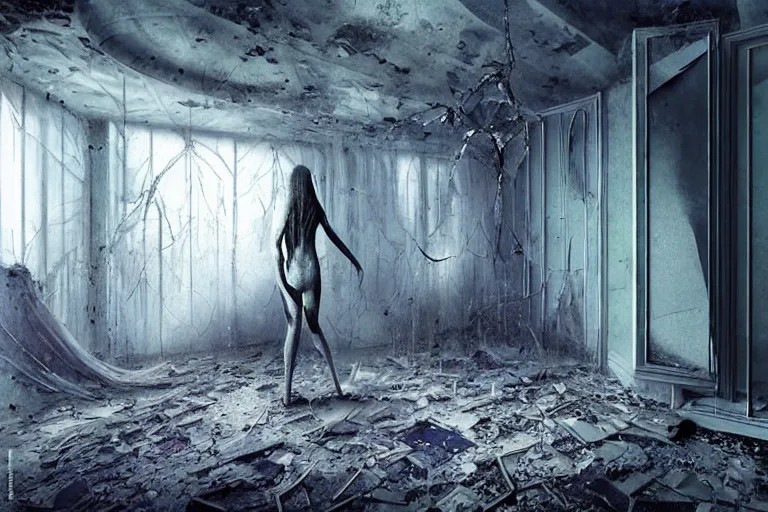 Image similar to vertical movie frame portrait of girl inside abandoned bedroom, ominous backrooms at distance seen through big broken shattered window, giger interior design, architectural design, vintage, liminal aesthetic, dreamcore, weirdcore, clean lines, wide angle, by wayne barlowe, tsutomu nihei, zdzislaw beksinski,