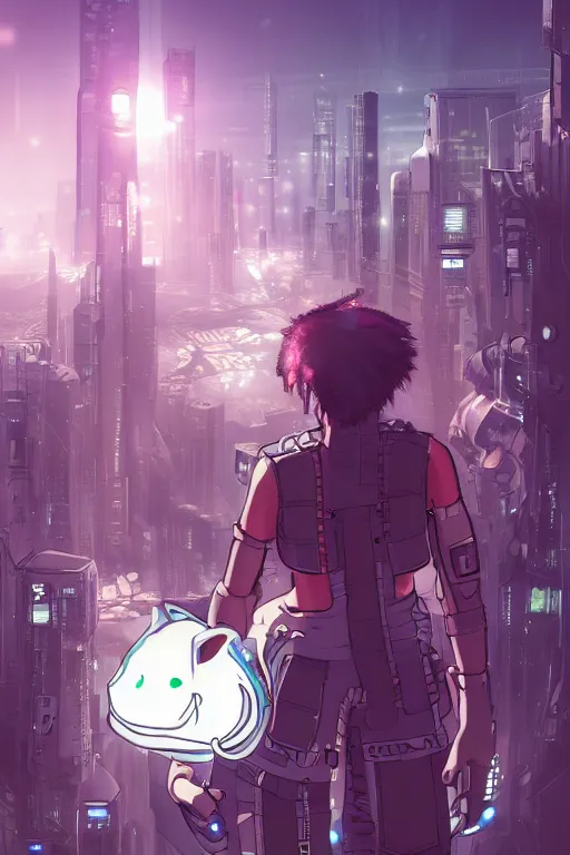 Image similar to a cyberpunk anthropomorphic cat with a fluffy tail staring over a futuristic city from the top of a roof, comic art, trending on furaffinity, cyberpunk, backlighting, cartoon, by kawacy