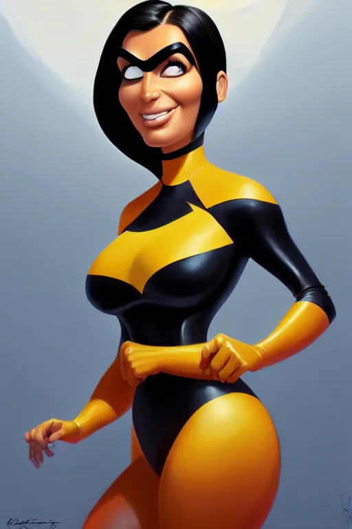 Image similar to kim kardashian as elastic girl from the incredibles, highly detailed, digital painting, trending on artstation, concept art, sharp focus, illustration, art by artgerm and greg rutkowski and fuji choko and viktoria gavrilenko and hoang lap