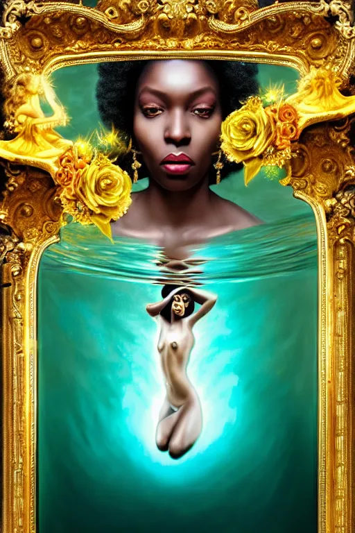 Prompt: hyperrealistic neo - rococo cinematic super expressive! oshun goddess with gold eyes, droplet armor, looking at herself in a liquid mirror, gold flowers, highly detailed digital art masterpiece, smooth etienne sandorfi eric zener dramatic pearlescent soft teal light, ground angle uhd 8 k, sharp focus