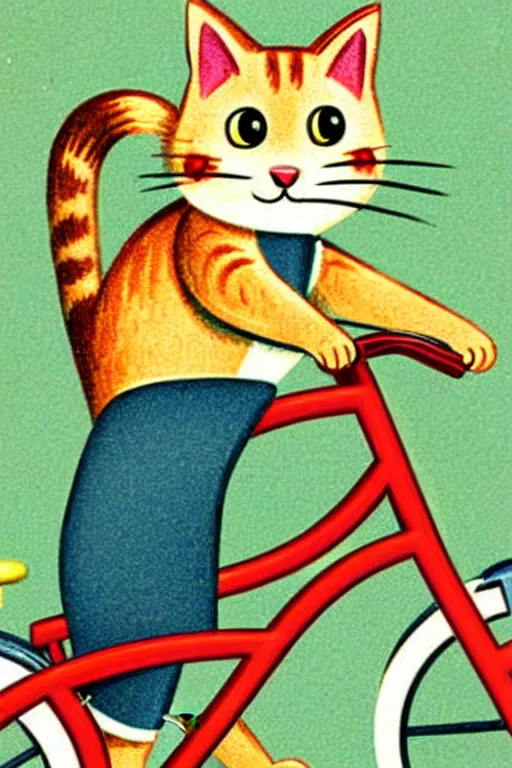 Image similar to a 1 9 5 0 s retro illustration. a cat riding a bike. by richard scarry. muted colors, detailed