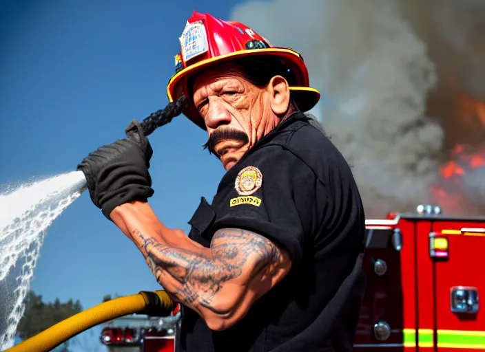 Prompt: photo of danny trejo as a firefighter putting out a big fire, 8 k, 8 5 mm f 5. 6