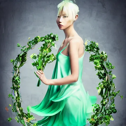 Prompt: fantasy. fashion 2 0 5 0 silk weightless translucent dress in the form of a flower. a full - length model. a beautiful slender symmetrical girl with green hair and a wreath of flowers. hyperrealistic photo