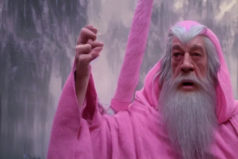 Prompt: short scruffy-looking Gandalf wearing pink Hello kitty costume meets tall regular Gandalf the white, dramatic lighting, movie still from Lord of the Rings, cinematic