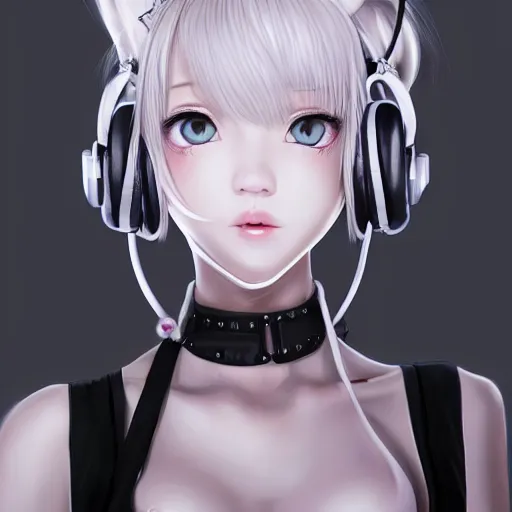 Image similar to realistic teasing detailed semirealism beautiful gorgeous cute Blackpink Lalisa Manoban white hair white cat ears blue eyes, wearing black camisole outfit, headphones, black leather choker full HD 4K high resolution quality WLOP, Aztodio, Taejune Kim, Guweiz, Pixiv, Instagram, Artstation