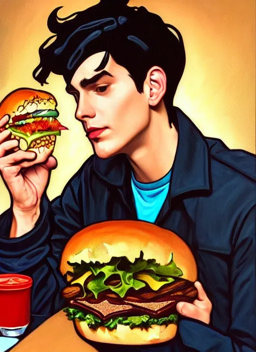 Image similar to oil painting, jughead jones devours a hamburger, intricate, elegant, highly detailed, lighting, painting, artstation, smooth, illustration, art by greg rutowski and alphonse mucha