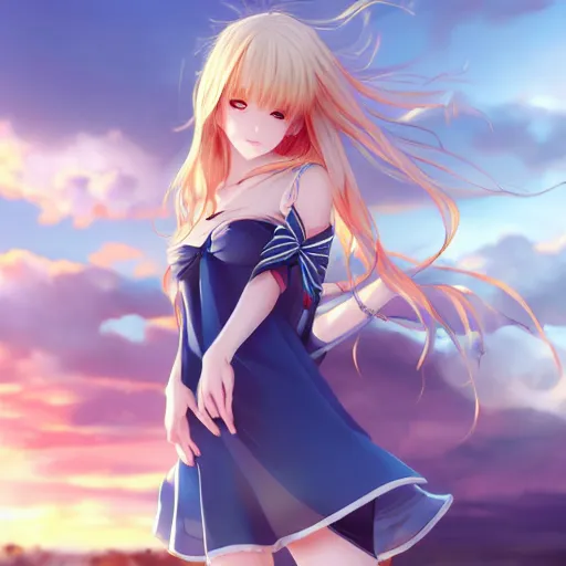 Image similar to a very beautiful anime cute girl, full body, long wavy blond hair, sky blue eyes, full round face, short smile, fancy top, miniskirt, front view, summer lake setting, cinematic lightning, medium shot, highly detailed, cinematic wallpaper by Stanley Artgerm Lau