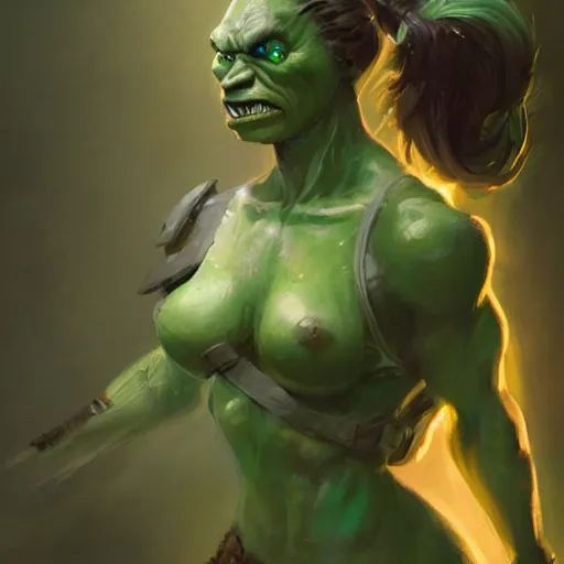 Image similar to a full character portrait of a toned physique green orc woman with a ponytail in full plate armor, by greg rutkowski, wlop, trending on artstation