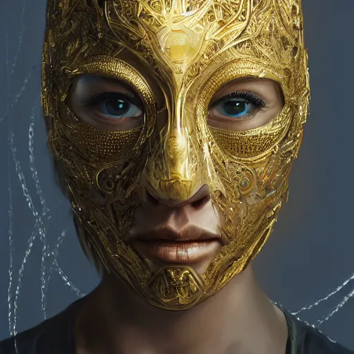 Image similar to Very very very very highly detailed epic central composition portrait of face with venetian mask, golden, intricate, dystopian, sci-fi, extremely detailed, digital painting, artstation, concept art, smooth, sharp focus, illustration, intimidating lighting, incredible art by Tokujin Yoshioka and Anton Pieck