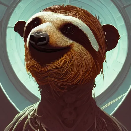 Image similar to detailed science - fiction character portrait of a sloth eating tacos, intricate, wild, highly detailed, digital painting, artstation, concept art, smooth, sharp focus, illustration, art by artgerm and greg rutkowski and alphonse mucha