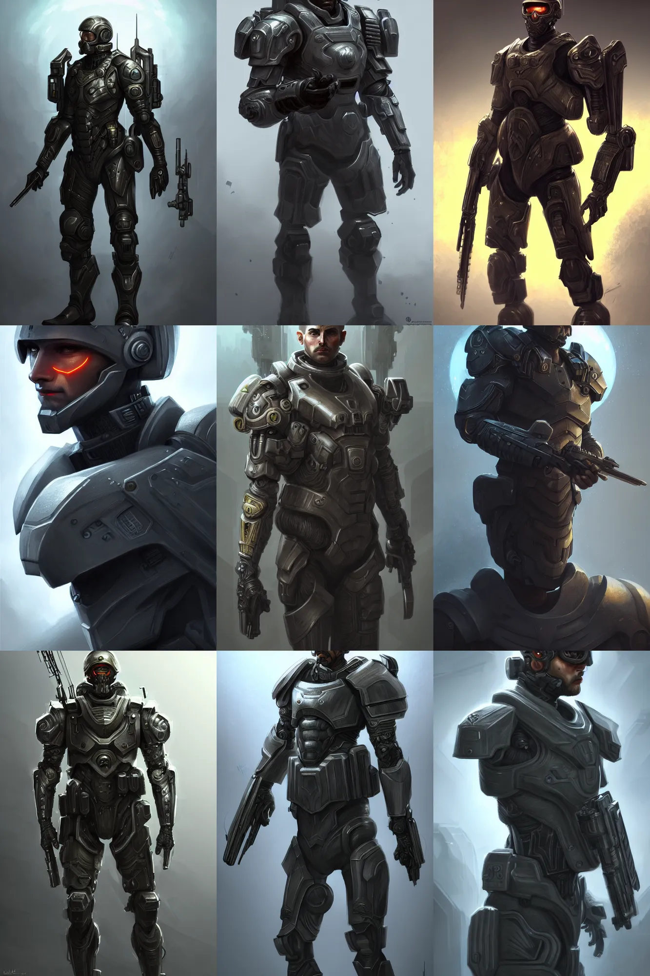 Prompt: medium shot of Ultrarealistic illustration an intimidating soldier, male, very short hair, cyborg, halo, sci-fi fantasy,intricate,elegant,highly detailed, digital painting, artstation, concept art