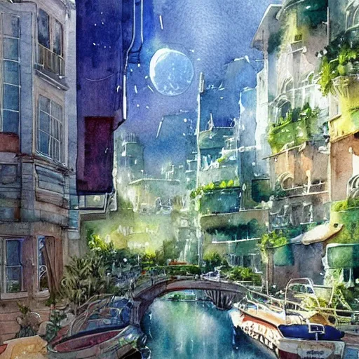 Image similar to Beautiful happy picturesque charming sci-fi town in harmony with nature. Beautiful light. Water and plants. Nice colour scheme, soft warm colour. Beautiful detailed artistic watercolor by Vincent Bons. (2022)
