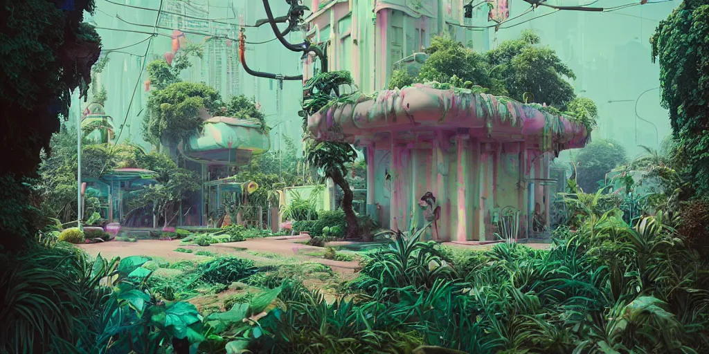 Image similar to 80s outdoor retro arcade, pastel colors, desolate, lush vegetation, moody:: by beeple and James Gilleard and Justin Gerard :: ornate, dynamic, particulate, intricate, elegant, highly detailed, centered, artstation, smooth, sharp focus, octane render, 3d