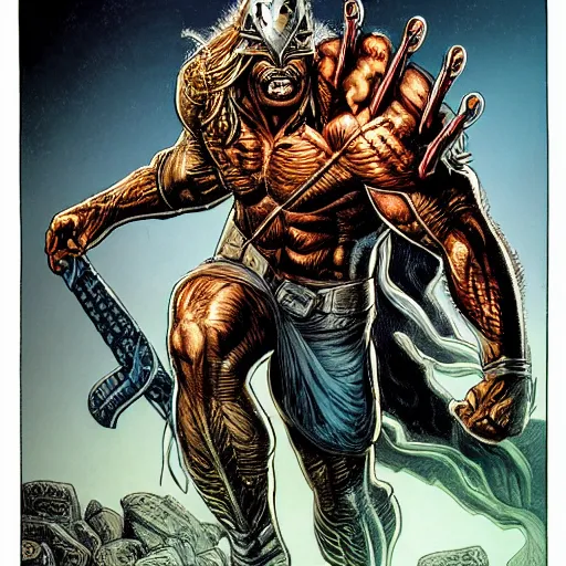 Prompt: precisely drawn illustration of Predator blended with Thor, wide angle, sharp, fine details, French comic style, vibrant realistic colors, full color, heroic fantasy, intense line art, 8k, precise linework, realistic, in the style of Heavy Metal Comics and Richard Corben and Moebius