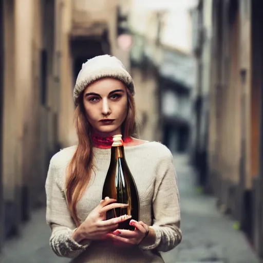 Image similar to photograph of woman holding a bottle in street, fashion shoot, award winning, kodak, 4 k, realistic intricate detail, hyper detail, woman very tired, full body potrait holding bottle, hazel green eyes, realistic, highlydetailed, natural, masterpiece, sharp focus, jennysaville