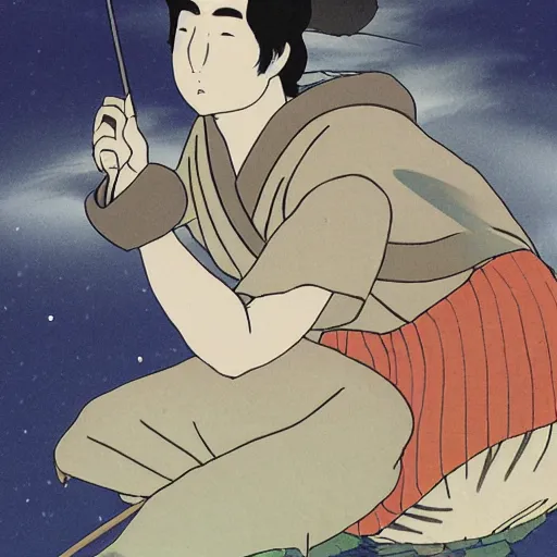 Prompt: a beautiful japanese male god sourrounded by borealis, studio ghibli style