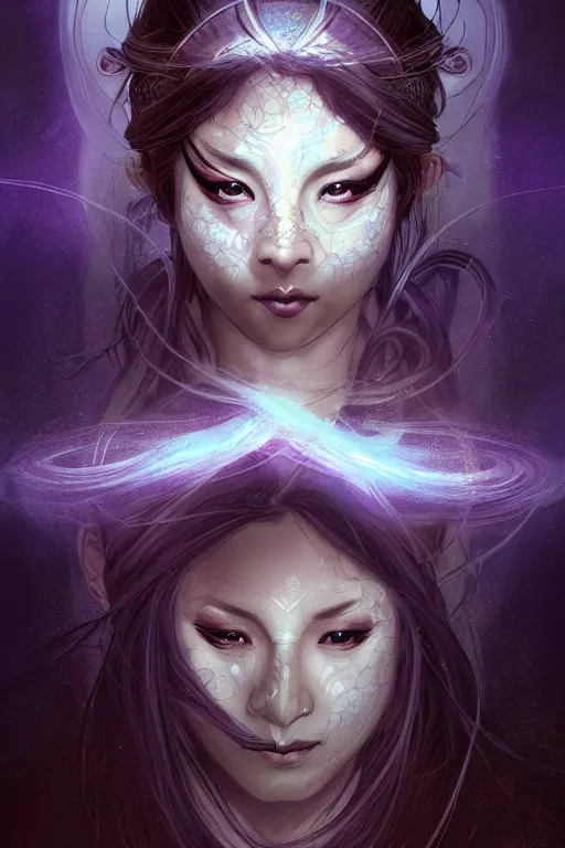 Image similar to beautiful mystery and gorgerous and black magic and stunning female ninja with face mask portrait+smoky eyes+light flowing hair, in mudra and firefly night ruin tokyo temple, ultradetail face, art and illustration by tian zi and craig mullins and WLOP and alphonse mucha, dynamic light, ssci-fi, fantasy, intricate complexity, fantasy world concept, watermark, blurry, hyperrealism 8k