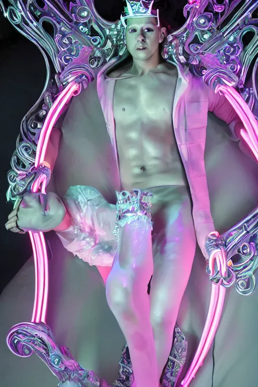 Image similar to full-body rococo and cyberpunk style neon statue of a young attractive Alex Rodriguez macho dotado e rico android sim roupa reclining con las piernas abertas e la piroca dura, glowing white lasers, glowing eyes, silver prince crown, black gears, pink diamonds, swirling mint-colored silk fabric. futuristic elements. ethereal white dripping tar. full-length view. human skulls. large pink balloon animals. intricate artwork by caravaggio. Trending on artstation, octane render, cinematic lighting from the right, hyper realism, octane render, 8k, depth of field, 3D