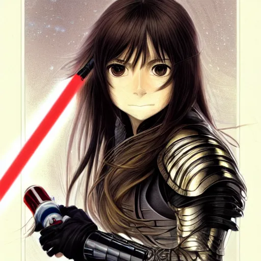 Prompt: Masterpiece head and shoulders portrait of a female Kazuto Kirigaya Kirito, young woman with blonbrown long hair and bangs and wearing a long black coat breast-armor showing through, holding a light saber, face, fantasy, intricate, elegant, highly detailed drawn by Donato Giancola and Fernanda Suarez and Artem Demura, face by Artgerm and Edmund Leighton, Alphonse Mucha, background by James Jean and Gustav Klimt, 4k, porcelain skin, komorebi, french nouveau, trending on pixiv, octane render, hyperrealistic