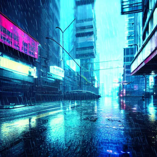 Image similar to 8 k artstation photograph rainy city cracked and crumbling into the ocean with scifi cyberpunk aesthetic hyper realistic