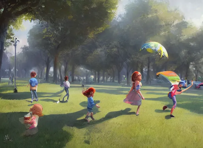 Image similar to happy children fly through a public park, by alejandro burdisio and bob bylerley and greg rutkowski