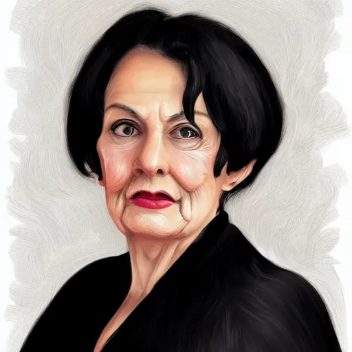 Prompt: a digital portrait of a 77 year old with black hair,hazel green eyes, drawn in the style of mark Arian